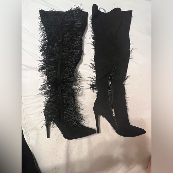 Black feathered knee high boots only worn once - Picture 2 of 5